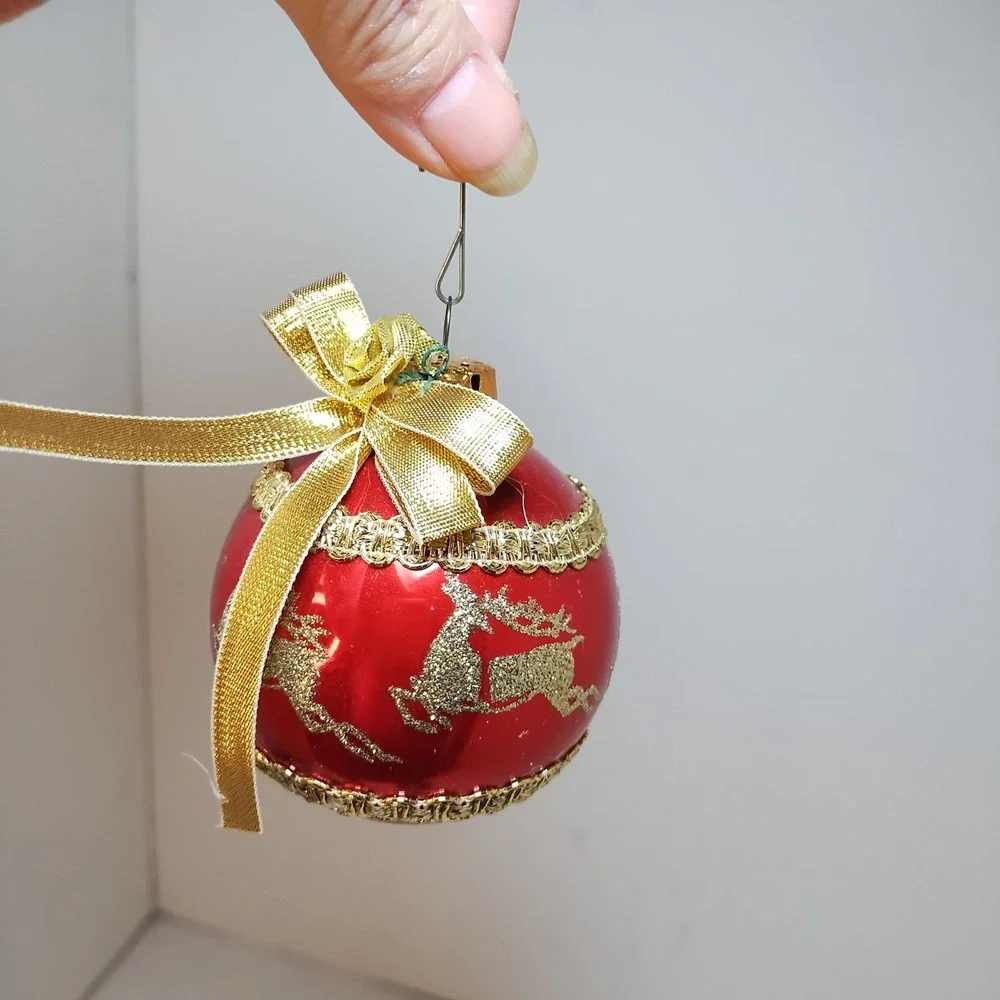 VTG December Home 4ct Glass Christmas Ornaments Red Blue Gold Snowflake Reindeen